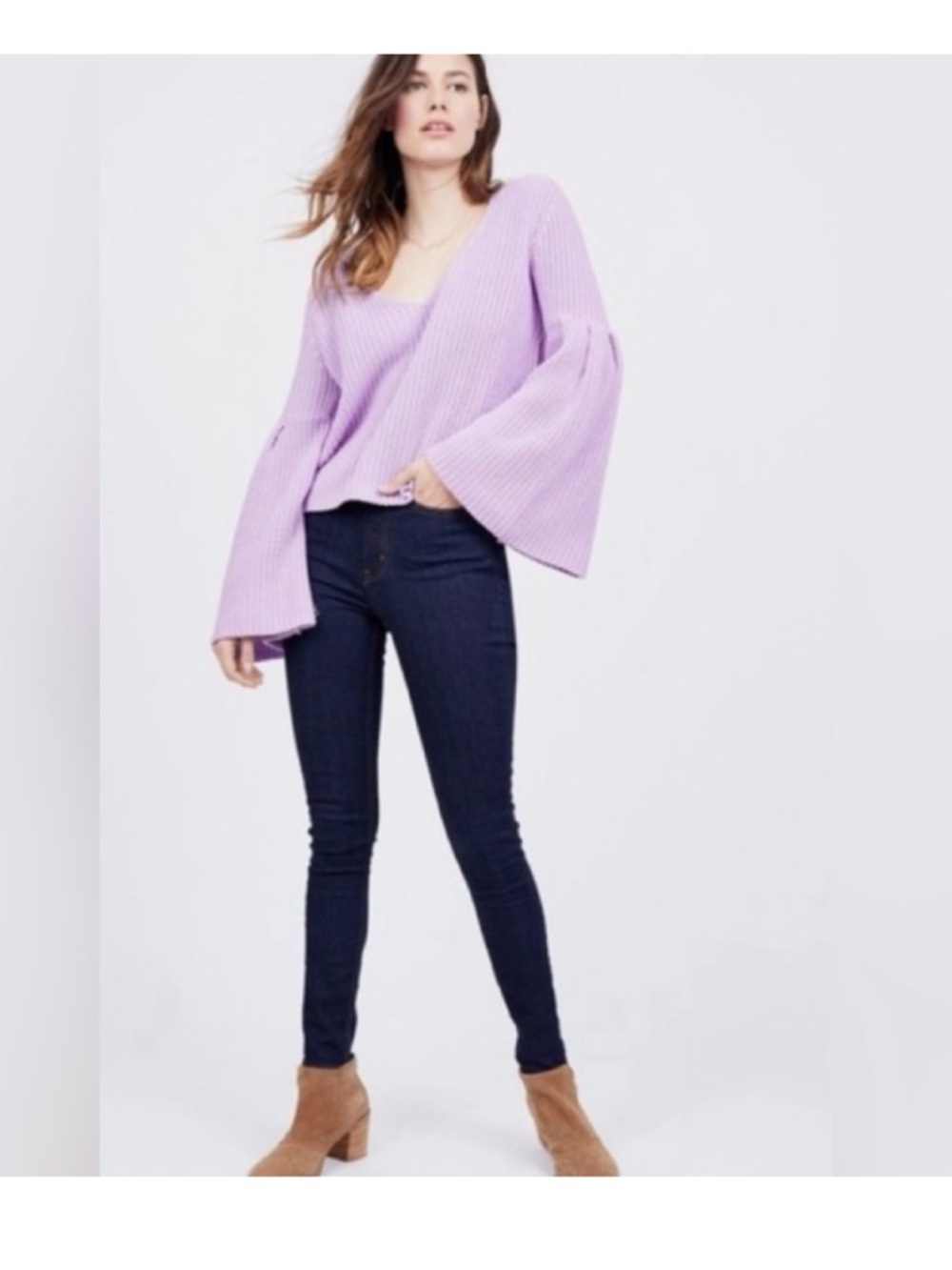 Free People Damsel Cable Knit Bell Sleeve Sweater - Light Purple